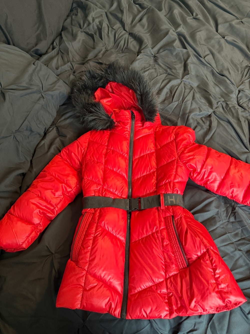 Red Michael Kors Puffer Coat with Fur-Trim Hood